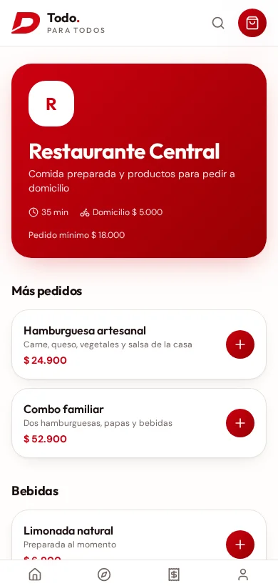 App móvil de domicilios con catálogo de productos