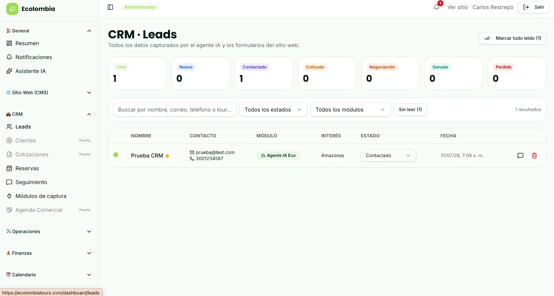 Módulo CRM de leads del ERP de Ecolombia Tours