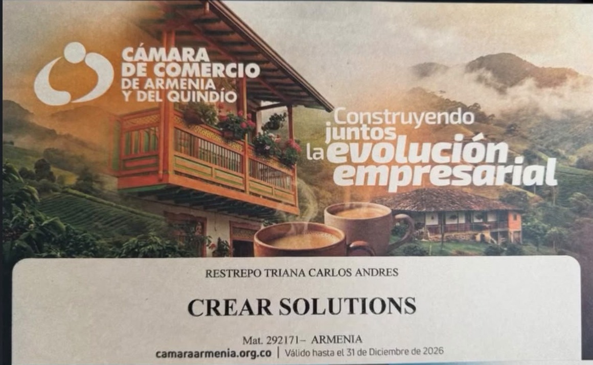 Registro mercantil de CREAR Solutions en la Cámara de Comercio de Armenia y del Quindío