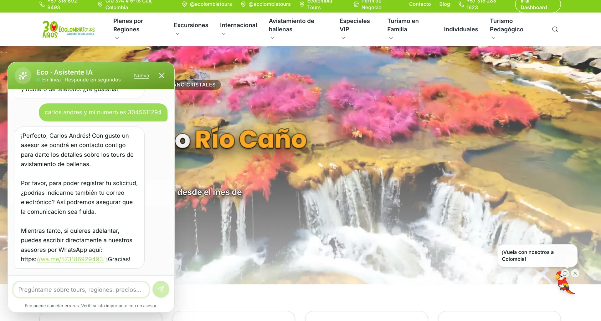 Asistente IA del sitio web de Ecolombia Tours conversando con un cliente