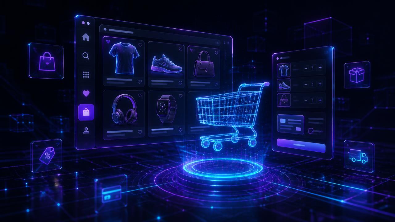 Interfaces de e-commerce futuristas con carrito de compras y productos digitales