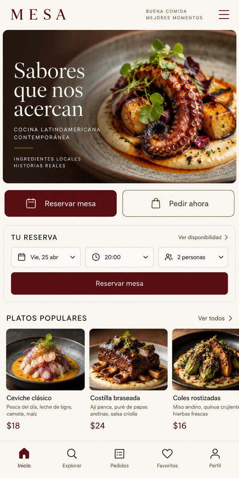 Aplicación MESA para pedidos y reservas de restaurante en móvil